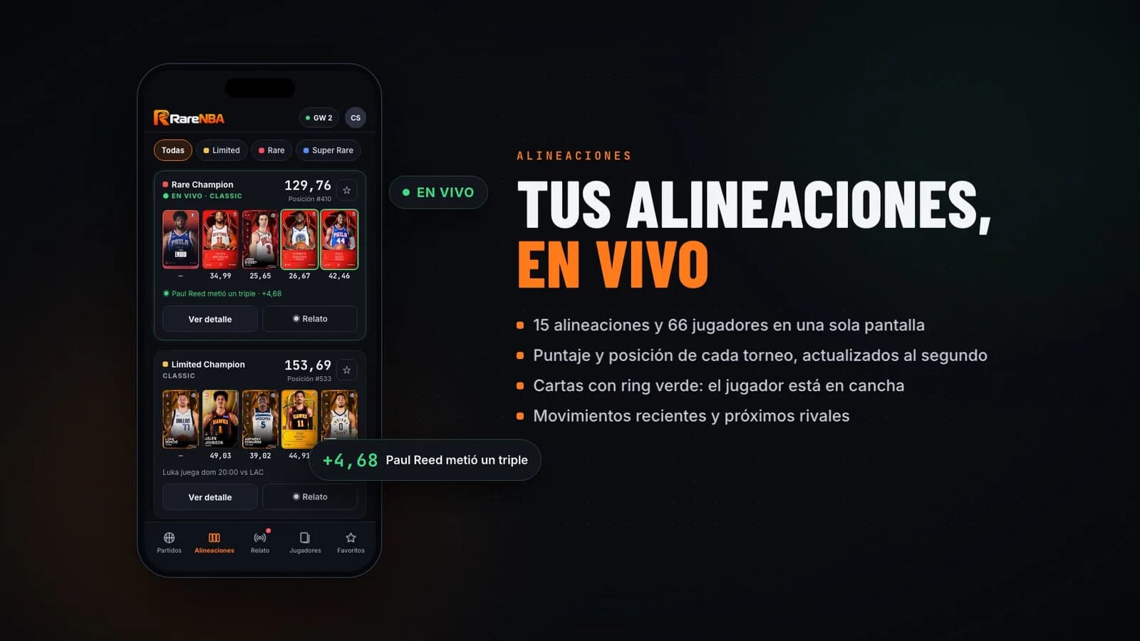 Las alineaciones en vivo, en el celular