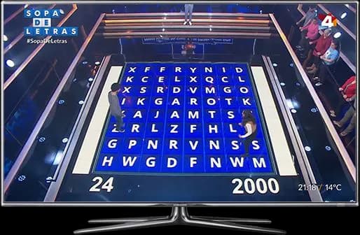 La grilla de letras en pantalla, con tiempo y puntaje